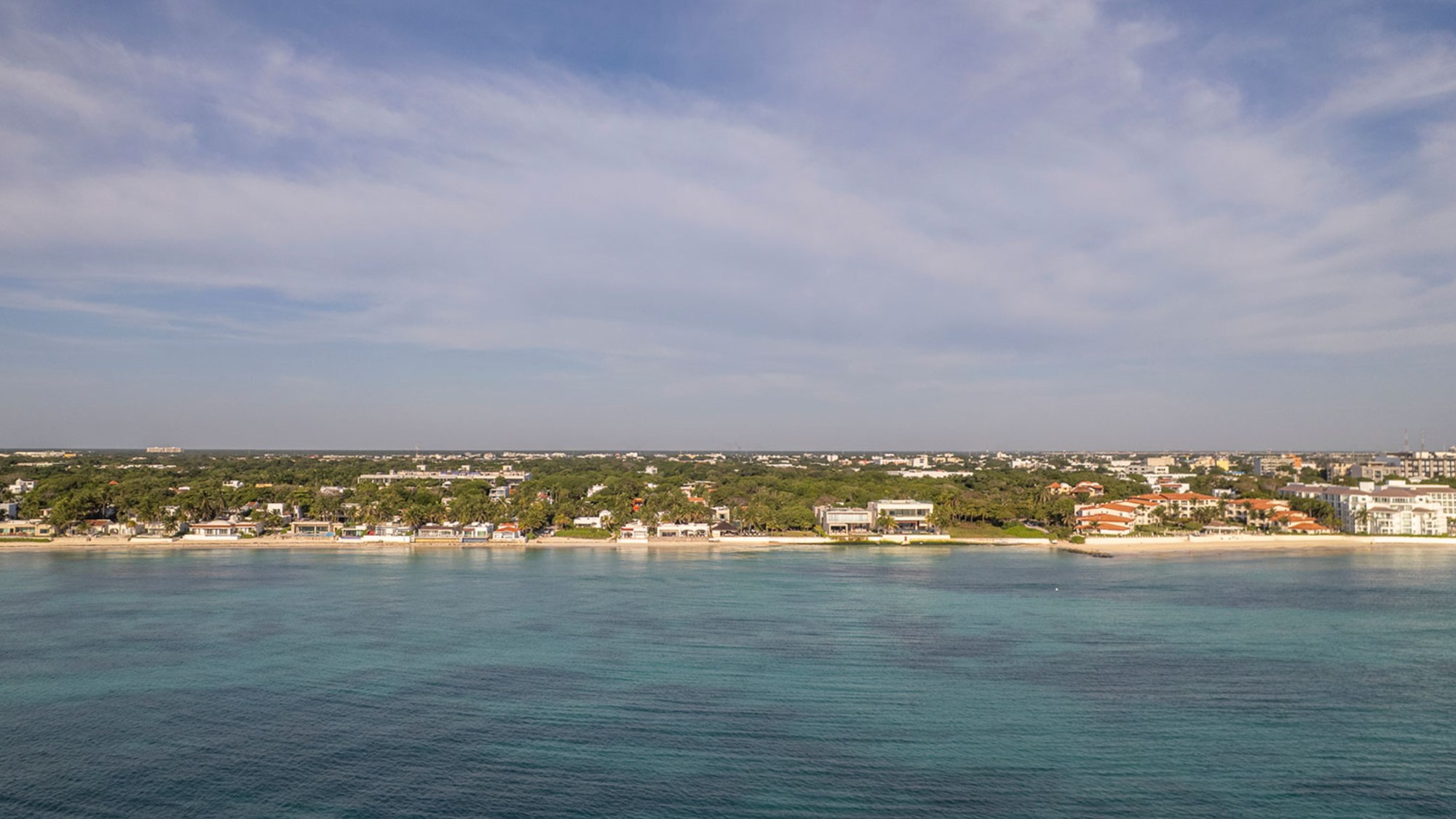 The Playacar Fase 1 shoreline seen from the sea, beachfront houses under the treeline