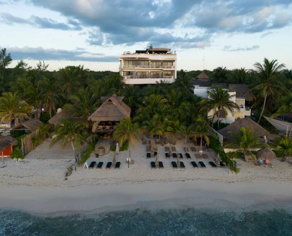 Aerial of the MVNGATA beach with thatched palapas, sun beds in rows and the sea at dusk