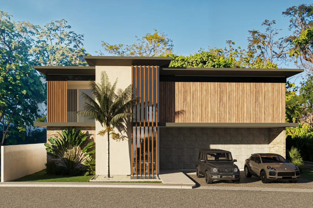Facade of a contemporary two storey villa in Selvamar with timber louvres, stone base and a covered carport