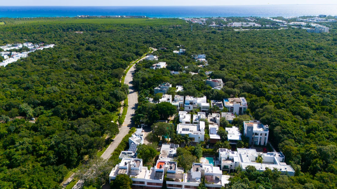 Aerial of Selvamar looking towards the sea, the avenue curving through preserved jungle with villas along one side
