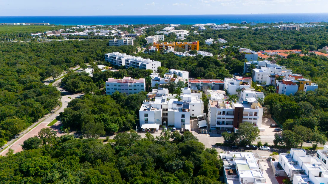 Une rue résidentielle de Selvamar vue du ciel, maisons individuelles avec toits-terrasses et piscines côté jungle