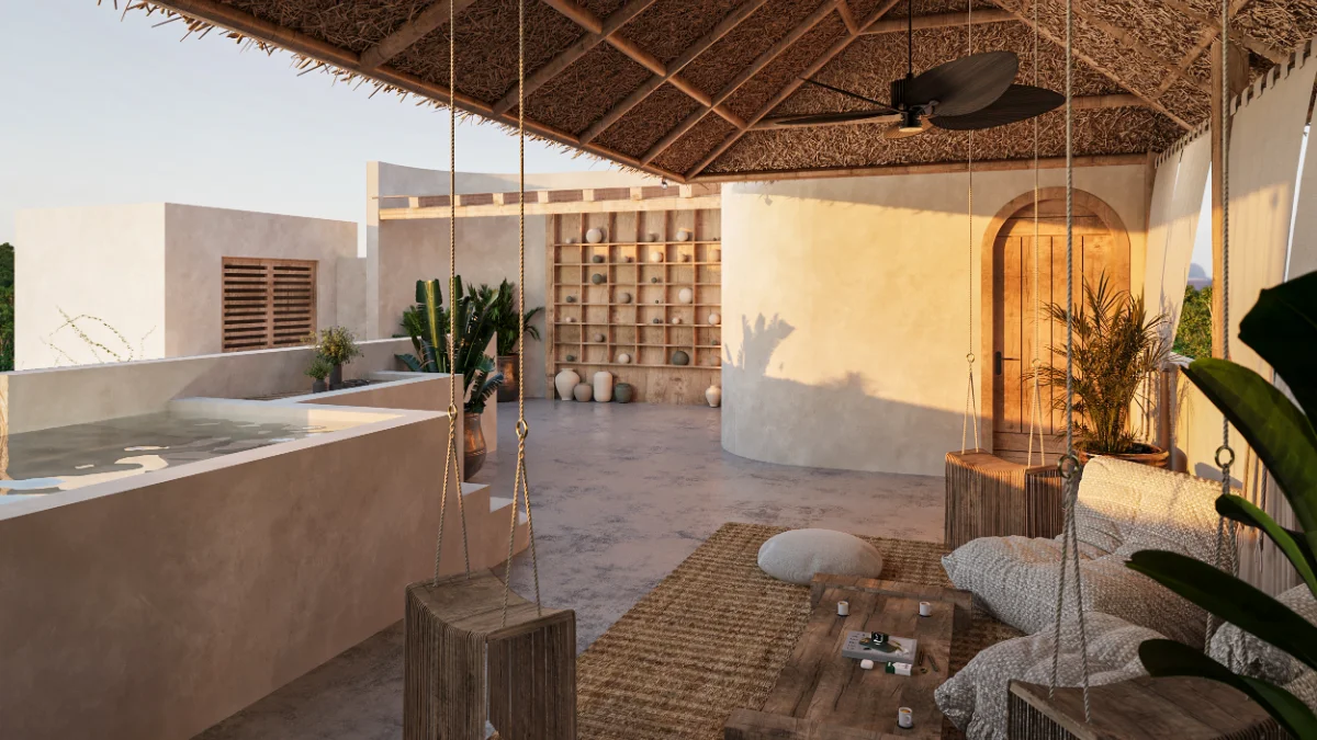 Terrasse sur le toit d'une villa de la Riviera Maya sous une palapa, balançoires de corde, coussins de sol et petite piscine