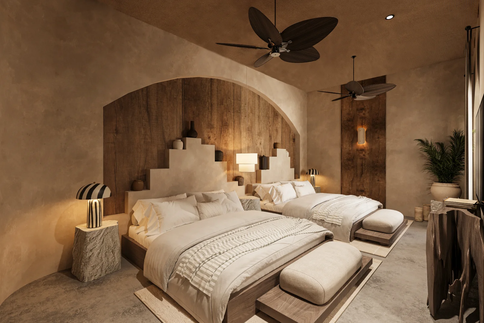 Chambre principale d'une villa de la Riviera Maya sous un plafond de bois voûté, tête de lit en plâtre et banc de lin