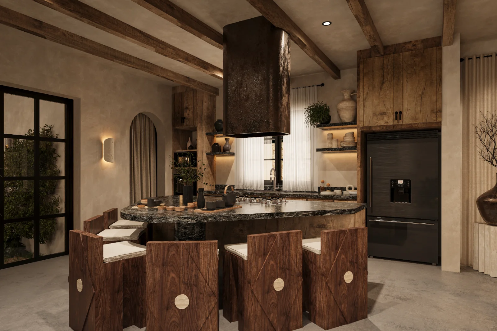 Cuisine d'une villa de la Riviera Maya, îlot de pierre, poutres de bois et hotte en acier noirci