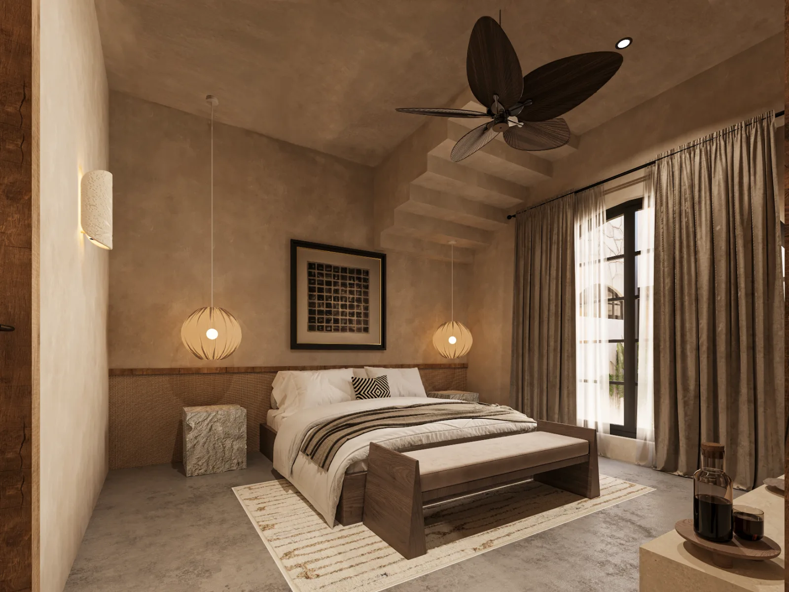 Bedroom of a Riviera Maya villa with stucco walls, palm fans and artisan textiles