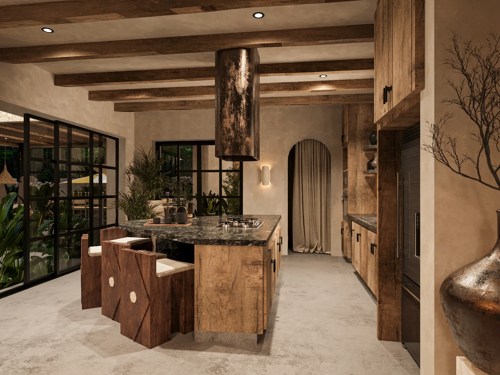Kitchen of a Riviera Maya villa with granite island, timber beams and a steel range hood