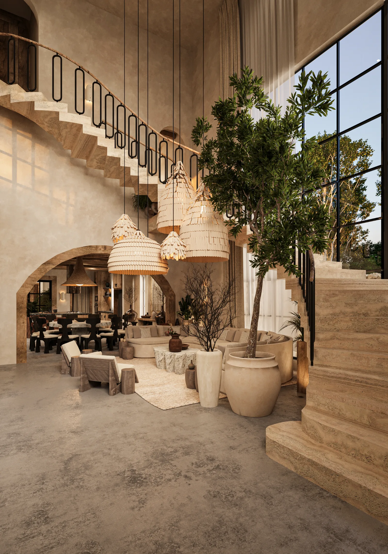 Double-height living room of a Riviera Maya villa with travertine stair, linen sofas and palm pendants