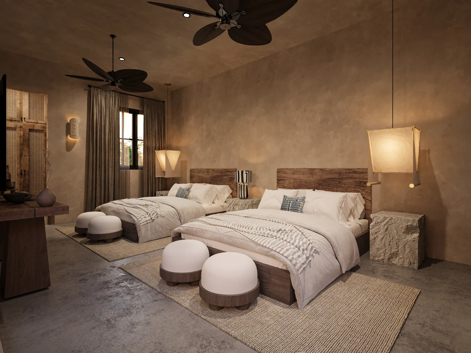 Recámara doble de una villa en la Riviera Maya con cabecera de madera y bancos al pie de cama