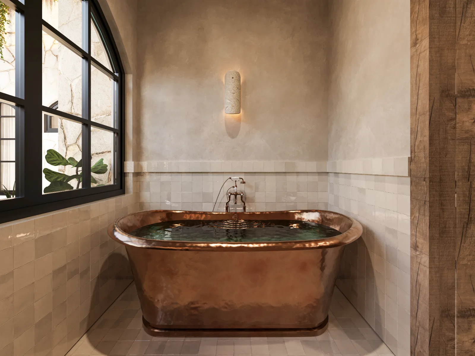 Baño de una villa en la Riviera Maya con tina de cobre martillado y azulejo artesanal