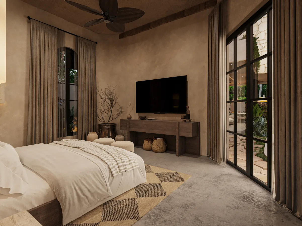 Recámara principal de una casa en la Riviera Maya con ventanal al jardín y terraza