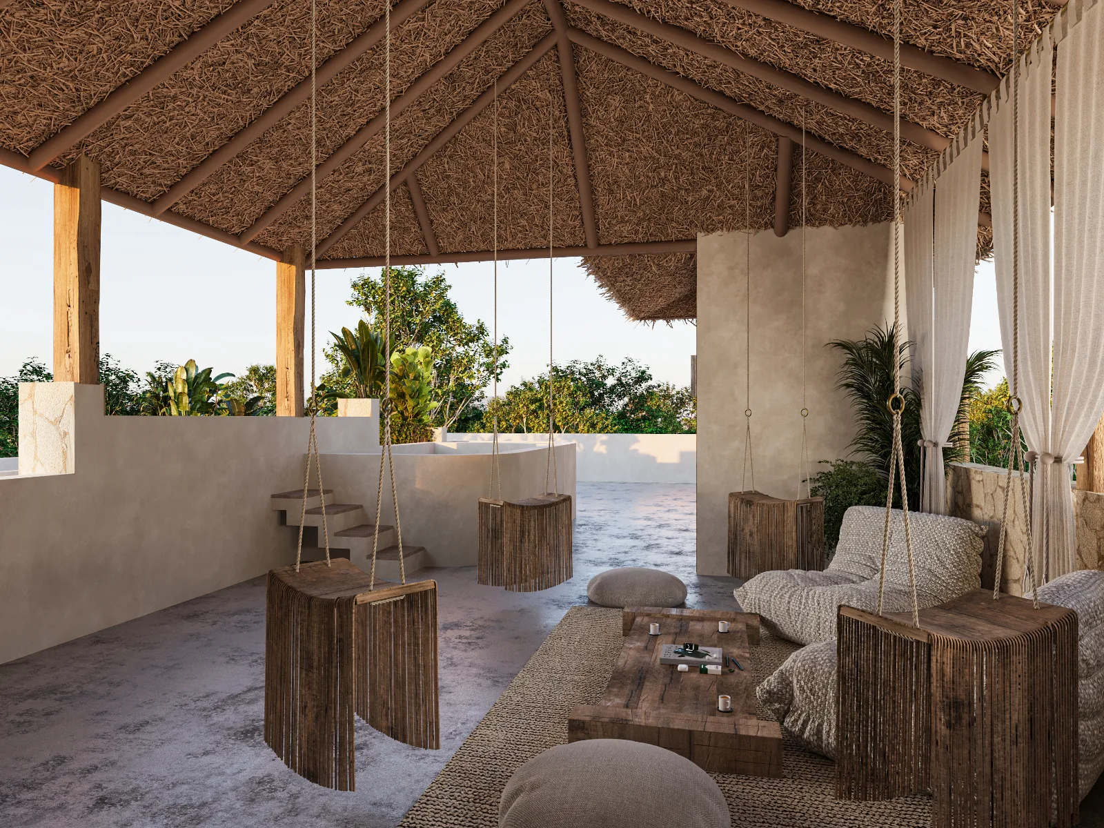 Terraza de azotea con palapa de una casa en la Riviera Maya, columpios de madera, cortinas de lino y vegetación al fondo