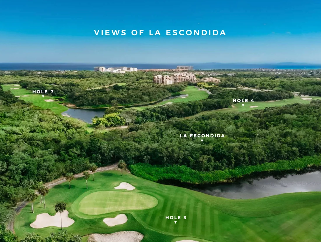 Aerial over Gran Coyote golf at Corasol with La Escondida, holes three, four and seven and the Caribbean behind