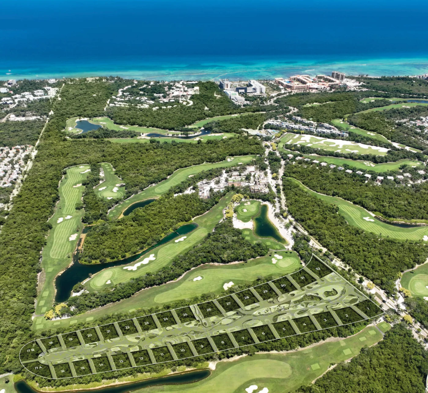 Aerial plan of La Escondida at Corasol with its 32 numbered residential lots along the fairways and the Caribbean behind