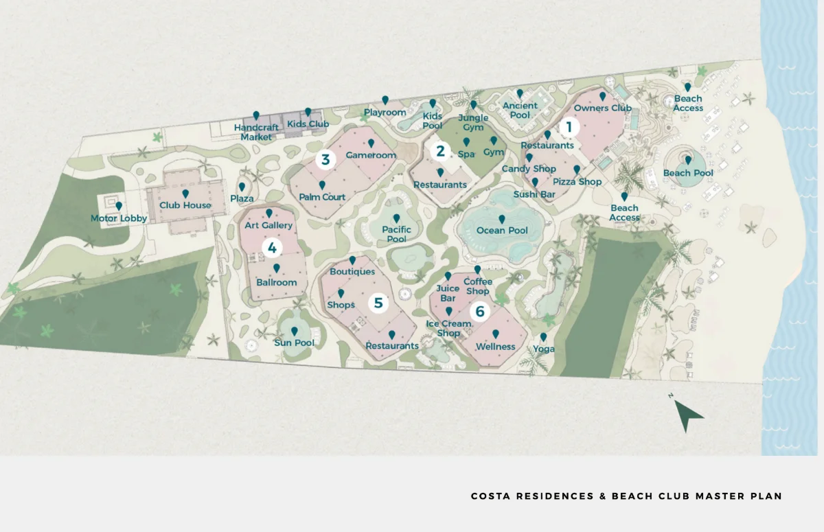 Master plan of Costa Residences and Beach Club at Corasol with pools, restaurants, spa, art gallery and ballroom