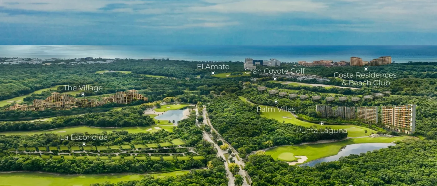 Aerial of Corasol with The Village, La Escondida, El Amate, Gran Coyote Golf, Palm Villas, Punta Laguna and Costa Residences labelled