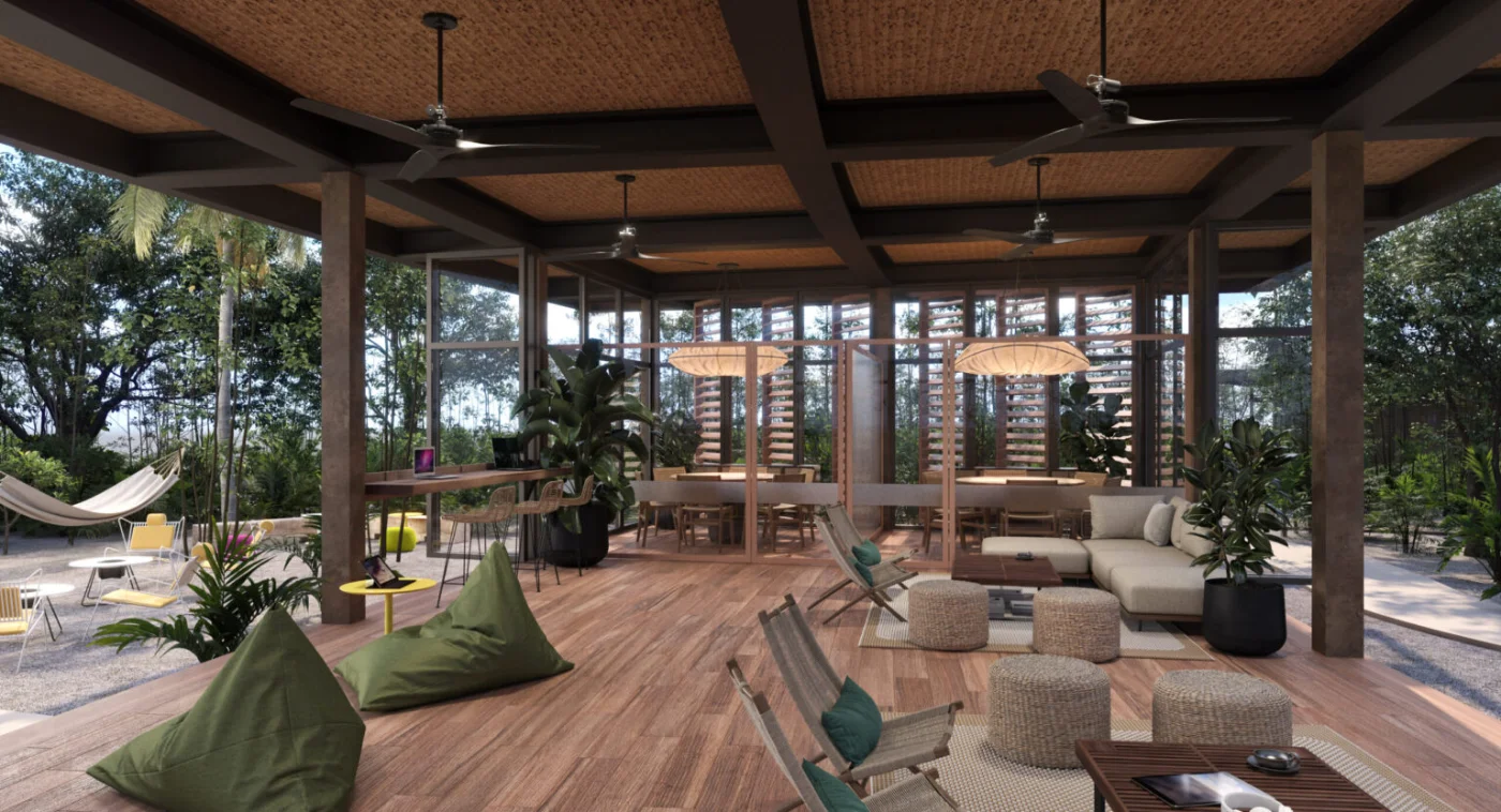 Open air lobby at Punta Laguna, Corasol, planted courtyard and woven ceiling above the reception