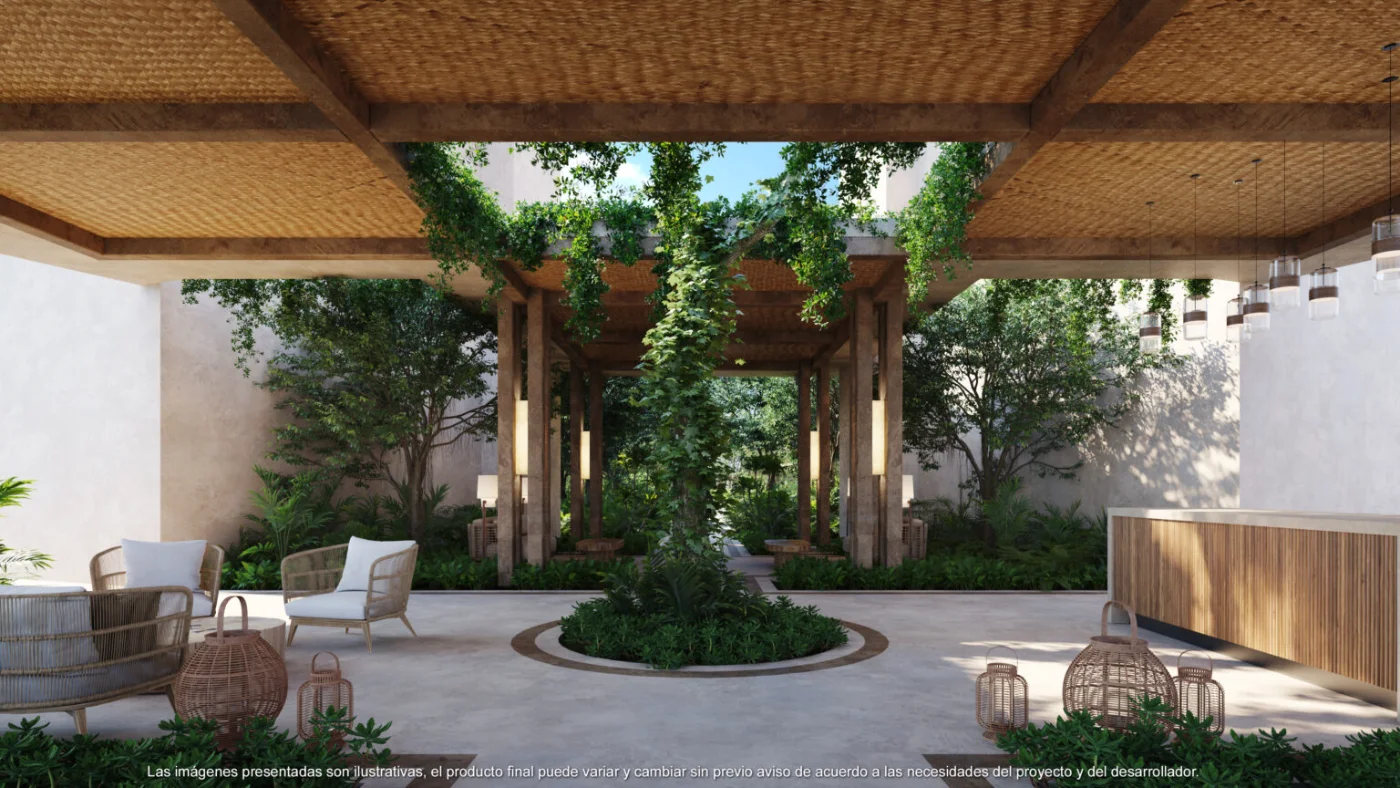Covered coworking and lounge pavilion at Punta Laguna, Corasol, timber deck open to the trees