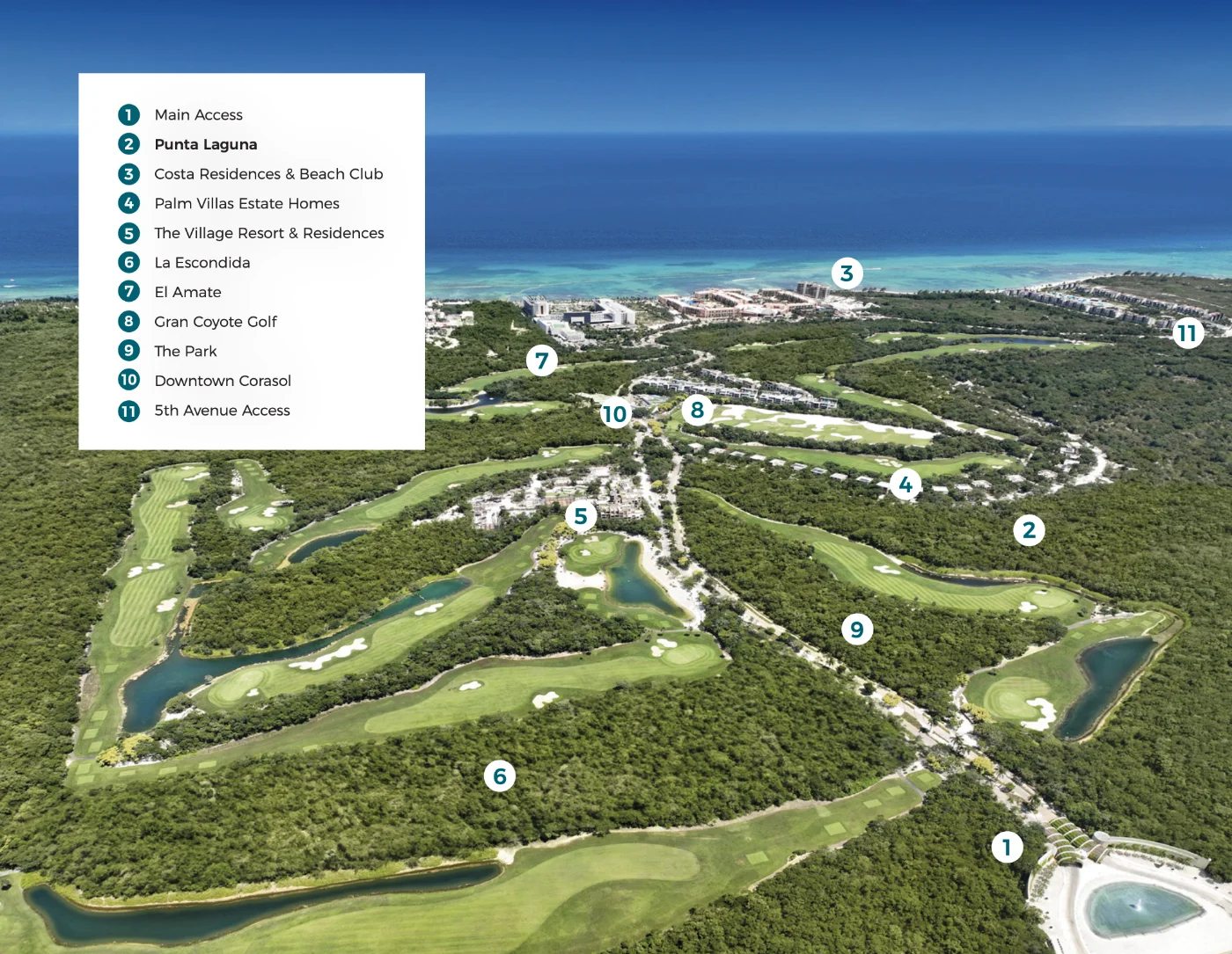 Vue aérienne de Corasol avec une légende numérotée : accès principal, Punta Laguna, Costa Residences et Beach Club, Palm Villas, The Village, La Escondida, El Amate, Gran Coyote Golf, The Park, Downtown Corasol et l'accès à la Cinquième Avenue