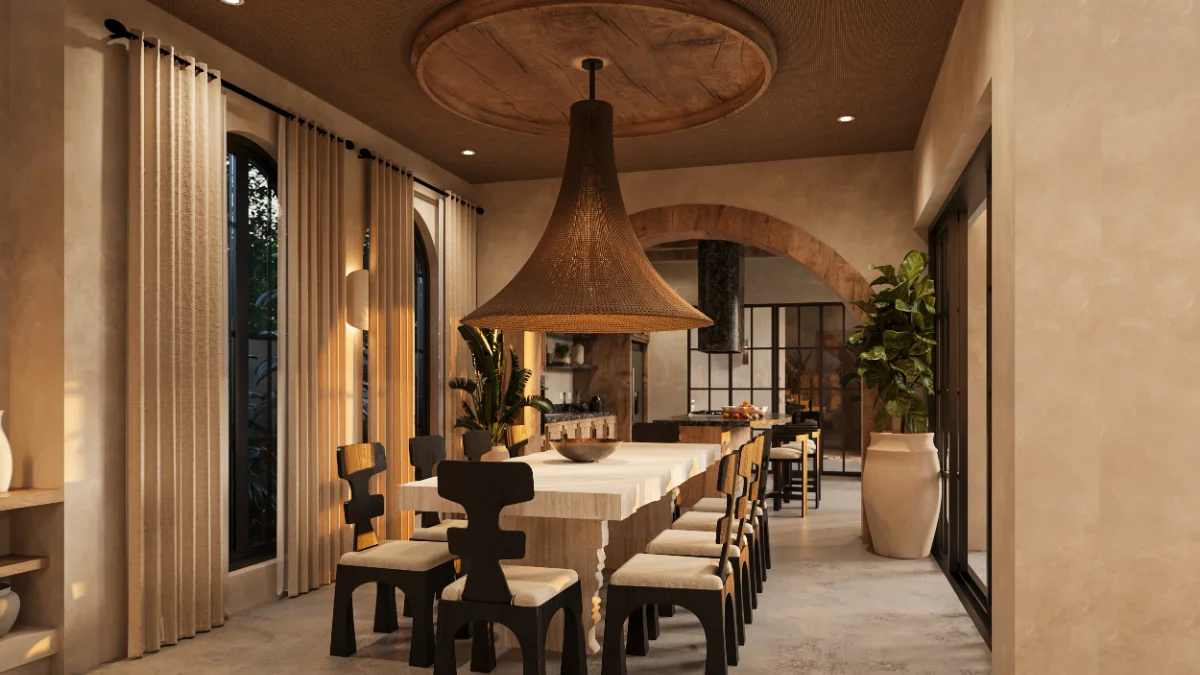 Dining room of a Riviera Maya villa with an onyx table, sculptural blackened chairs and a woven pendant under a timber ceiling disc