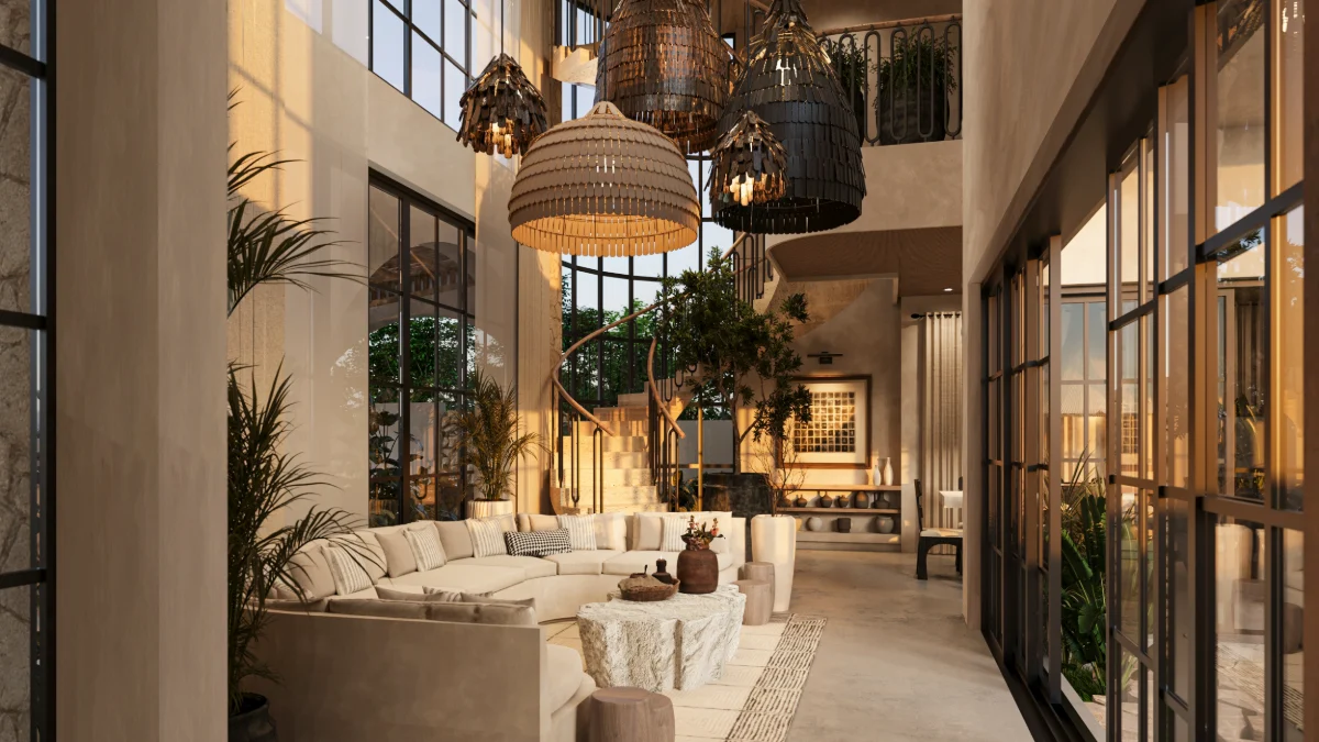 Double height living room of a Riviera Maya villa at golden hour, woven pendant lights, a stone coffee table and steel framed glass onto the jungle