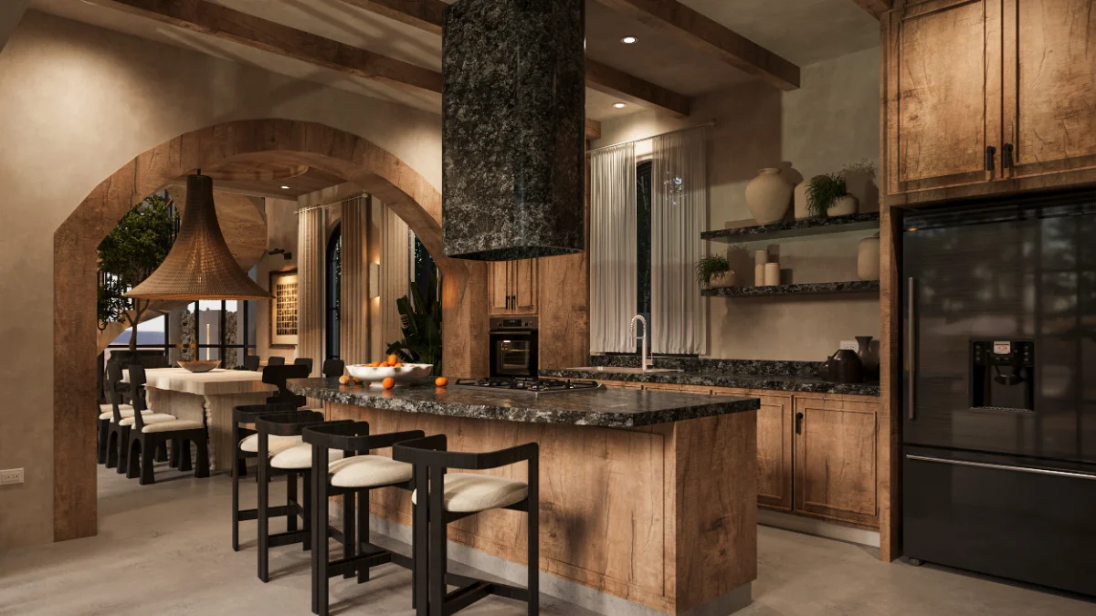 Kitchen of a Riviera Maya villa under a timber arch, granite island, stone range hood and steel framed glass to the terrace