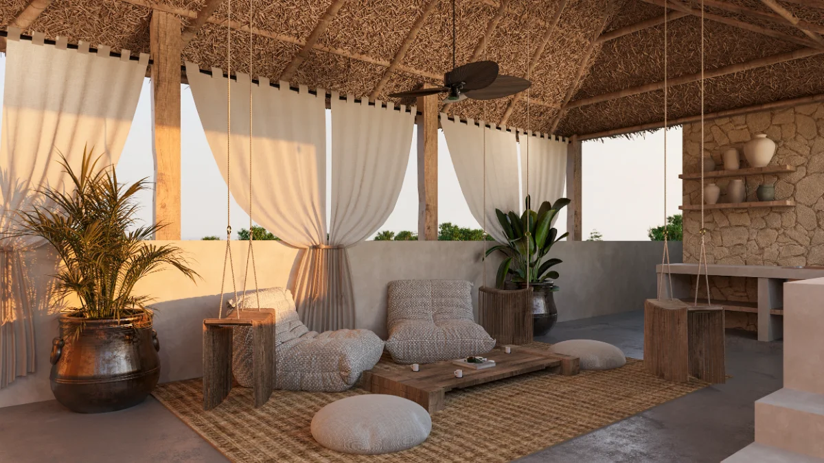 Rooftop palapa of a Riviera Maya villa with rope swing seats, floor cushions and a plunge pool at sunset