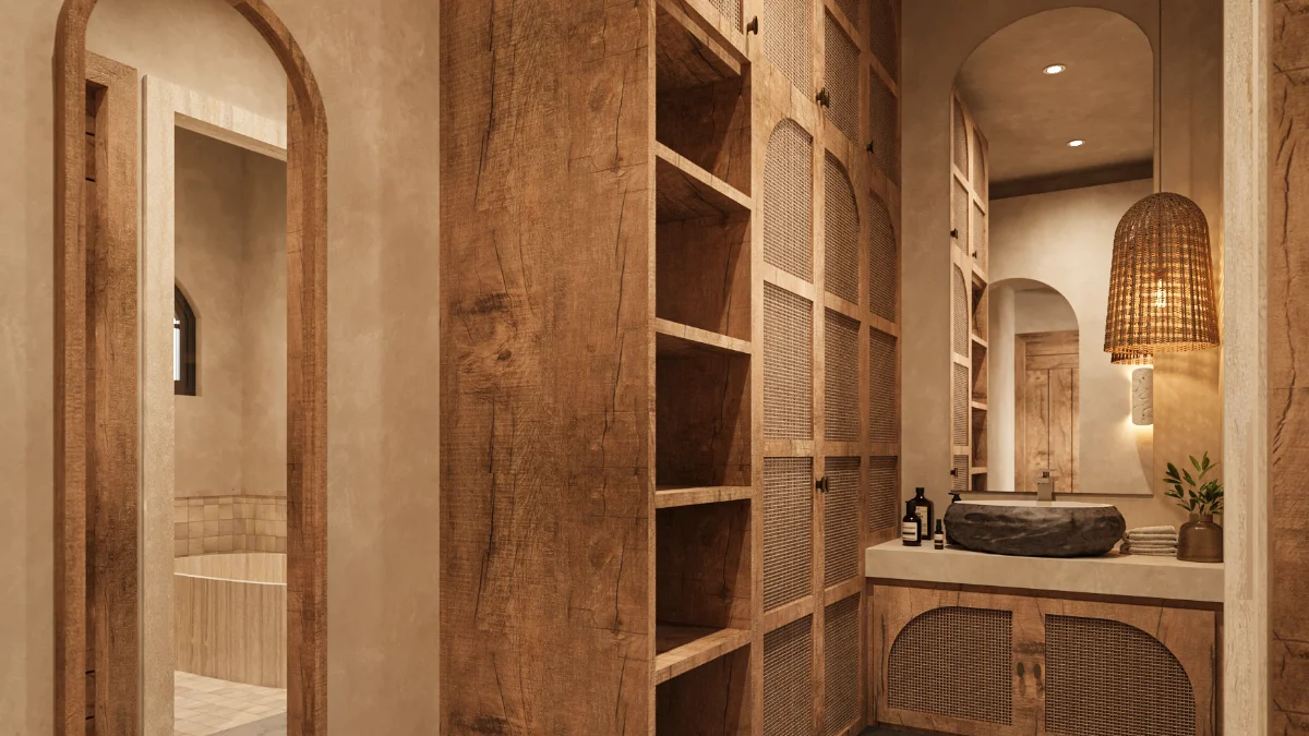 Dressing corridor of a Riviera Maya villa with timber shelving, an arched mirror and a stone vessel sink