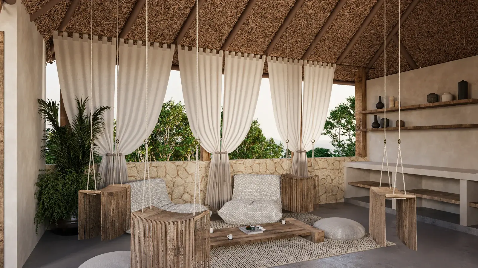 Rooftop palapa lounge of a Riviera Maya villa with hanging swing seats, linen curtains and jungle views