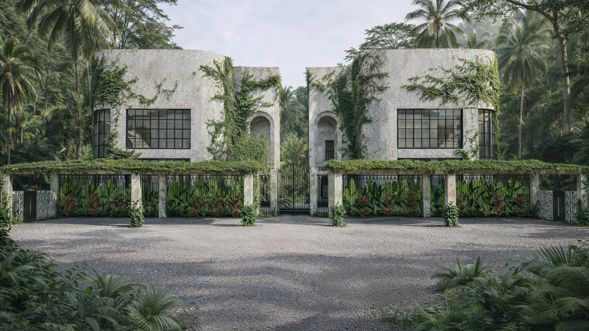 Entrance pavilions of a Riviera Maya residence in stone and vine, steel framed windows and a gravel forecourt against the palms