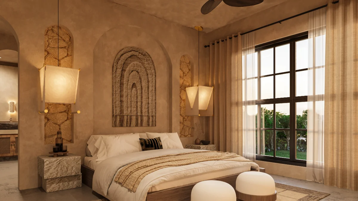 Dressing room of a real Riviera Maya villa with cane fronted timber wardrobes, a stone vessel sink and woven pendant lights