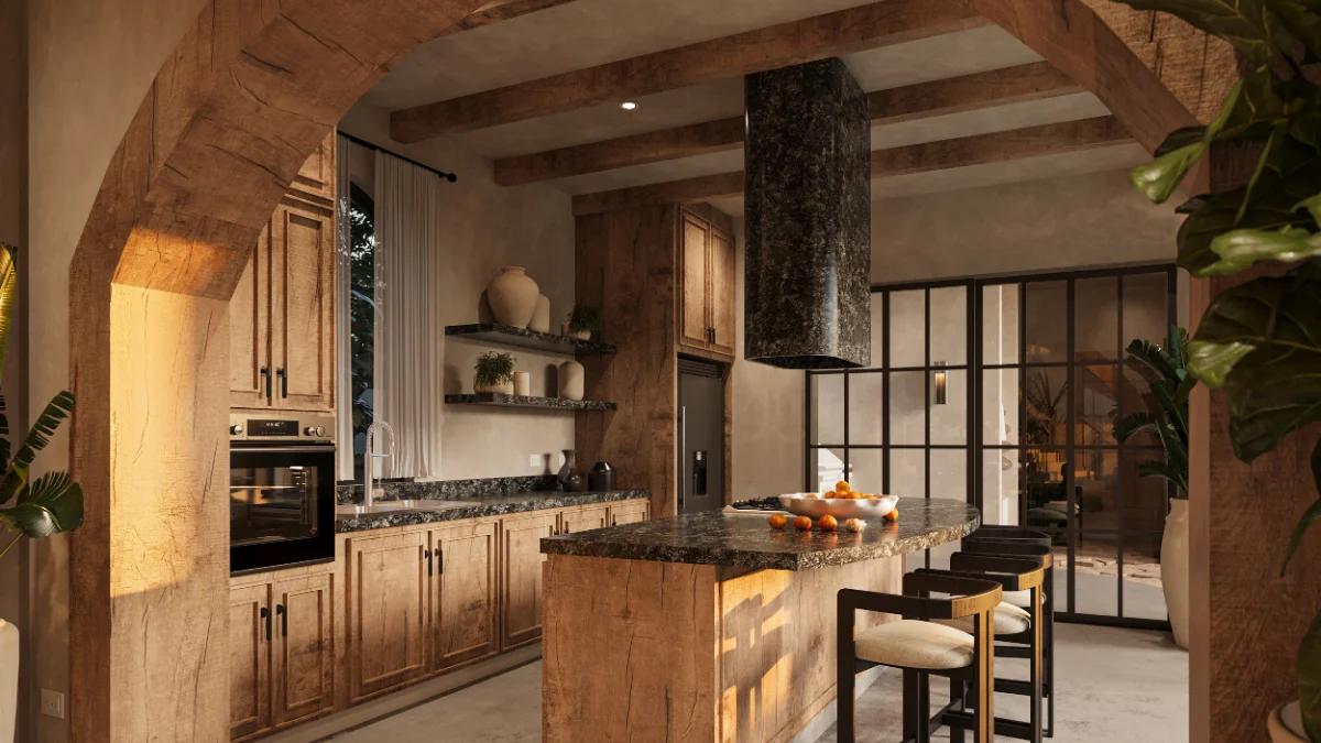 Kitchen of a Riviera Maya villa seen through a timber arch, granite island, bar stools and steel framed glass to the terrace