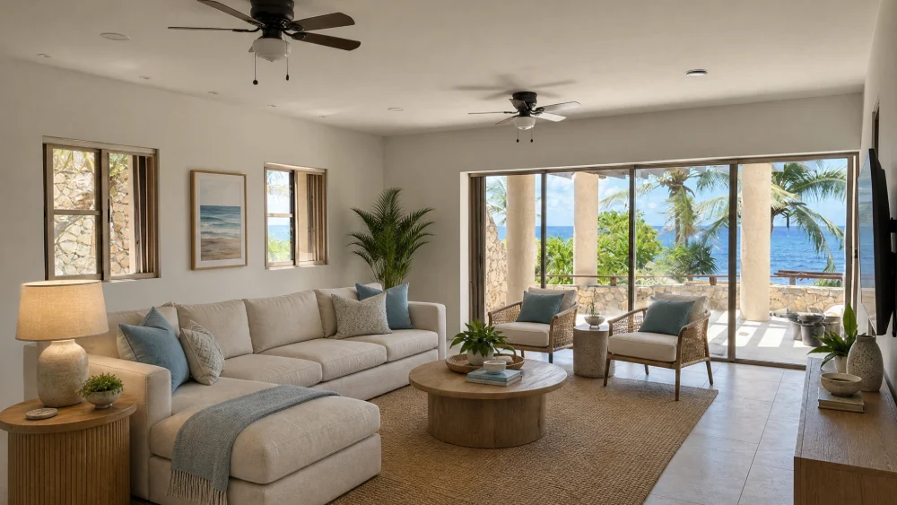 Living room of a beachfront residence in the Riviera Maya looking out at the Caribbean
