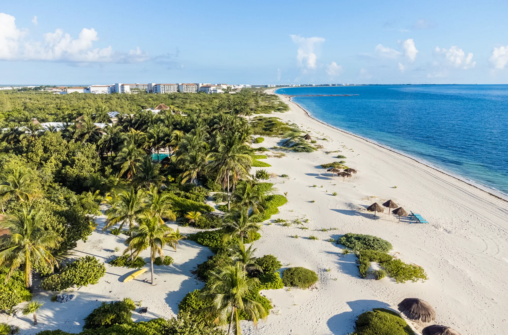 Aerial view of a clean white sand beach on the Riviera Maya, palms and jungle on one side and turquoise Caribbean water on the other