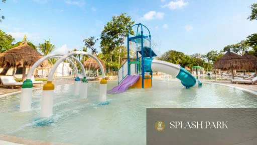 Render of the splash park at The Club, coloured play structures over a shallow pool for children