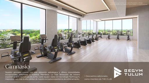 Render of the BeGym Tulum gym at The Club, cardio machines along a glass wall over the jungle