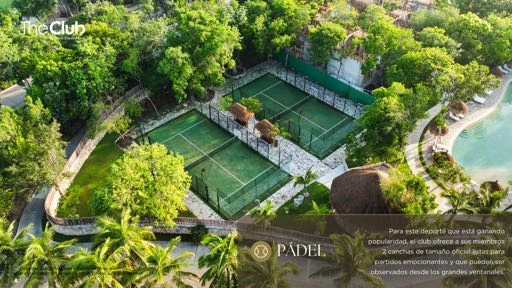 Render of the padel courts at The Club, glass walled courts lit against the jungle