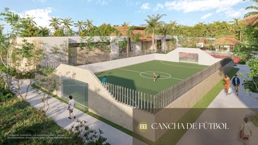 Render of the full size football pitch at The Club, Tulum Country Club, ringed by netting and jungle
