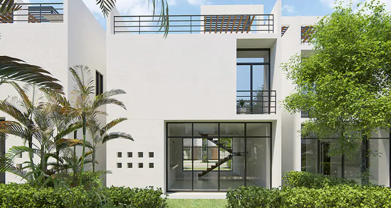 Render of a Downtown house at Tulum Country Club, white volumes with a double height glazed living room, roof garden pergola and jungle planting