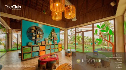 Render of the Kids Club interior at The Club, a bright playroom with a climbing wall and a jungle mural