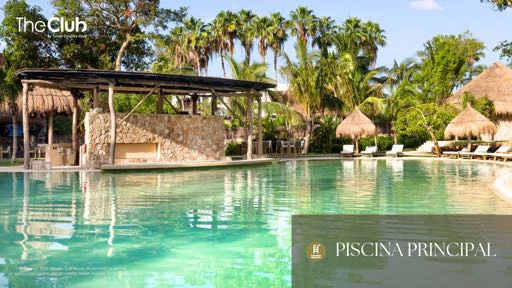 Render of the main pool at The Club, a long lagoon pool with palapas and loungers under palms