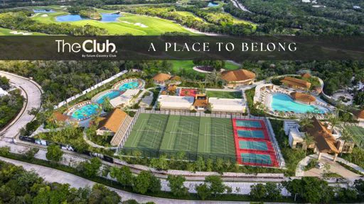 Aerial render of The Club at Tulum Country Club, the main pool, the football pitch and the racquet courts inside the jungle