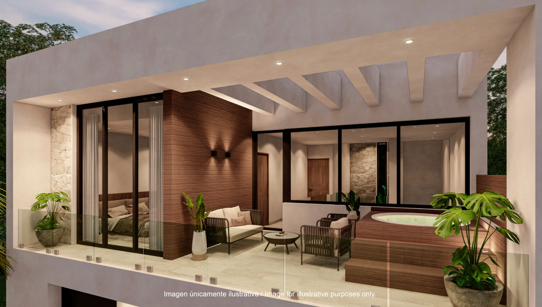 Covered terrace of a Premium Home at Tulum Country Club, sunken jacuzzi on a timber deck, lounge seating and a bedroom opening onto it through sliding glass