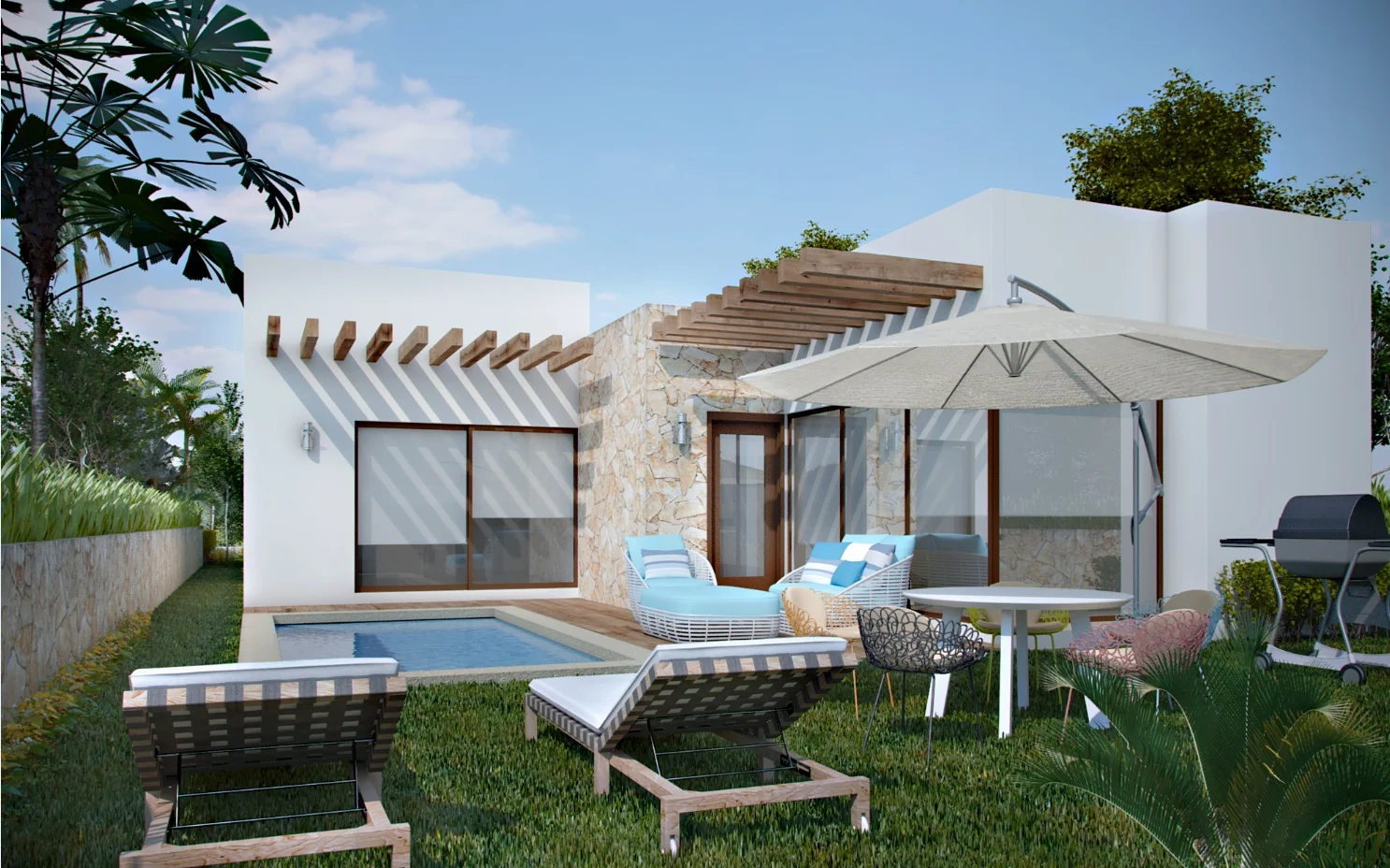 Villas Caribe St John model, white volumes with stone cladding and a pergola over the terrace, loungers and a pool in the garden