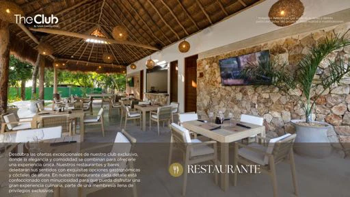 Render del restaurante de The Club, un comedor forrado en madera con barra y vistas a la selva