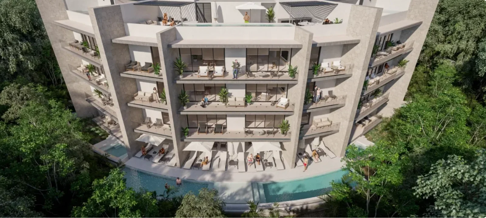 Render del edificio SEK en Tulum Country Club, terrazas curvas de piedra que bajan a una alberca entre la selva
