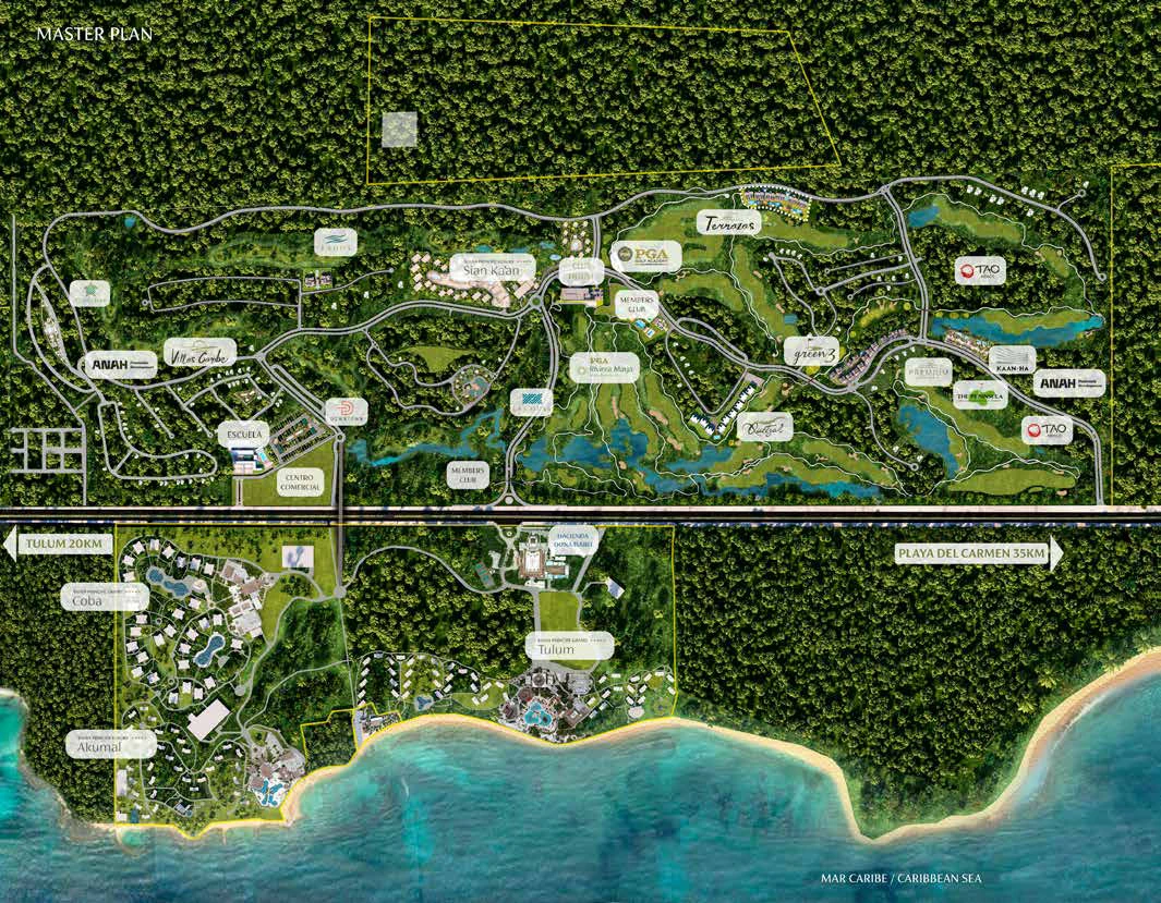 Plan maestro de Tulum Country Club con el campo de golf, el colegio, el Members Club, el centro comercial, los sectores residenciales y los hoteles Bahía Príncipe en la costa