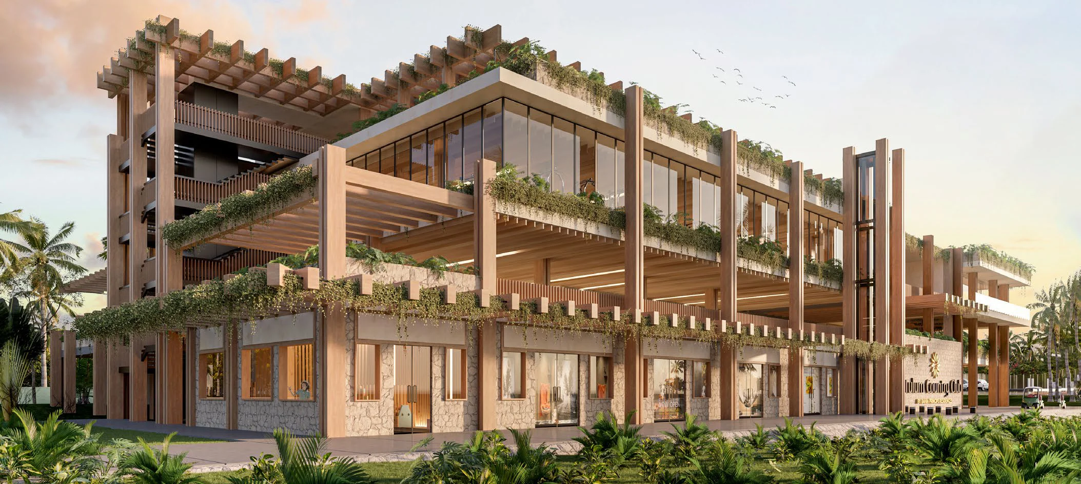 Image de synthèse du bâtiment Hélices à Tulum Country Club, terrasses plantées et pergolas en bois au dessus du rez de chaussée