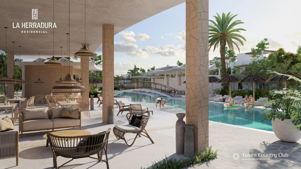 Image de synthèse du lounge couvert et du restaurant de La Herradura, suspensions tressées et mobilier en rotin face à la piscine