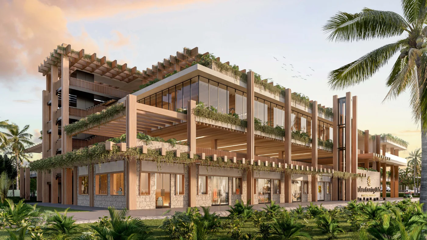 Image de synthèse de La Plaza à Tulum Country Club, un bâtiment de trois niveaux en bois et pierre avec terrasses plantées et un Sky Bar en toiture