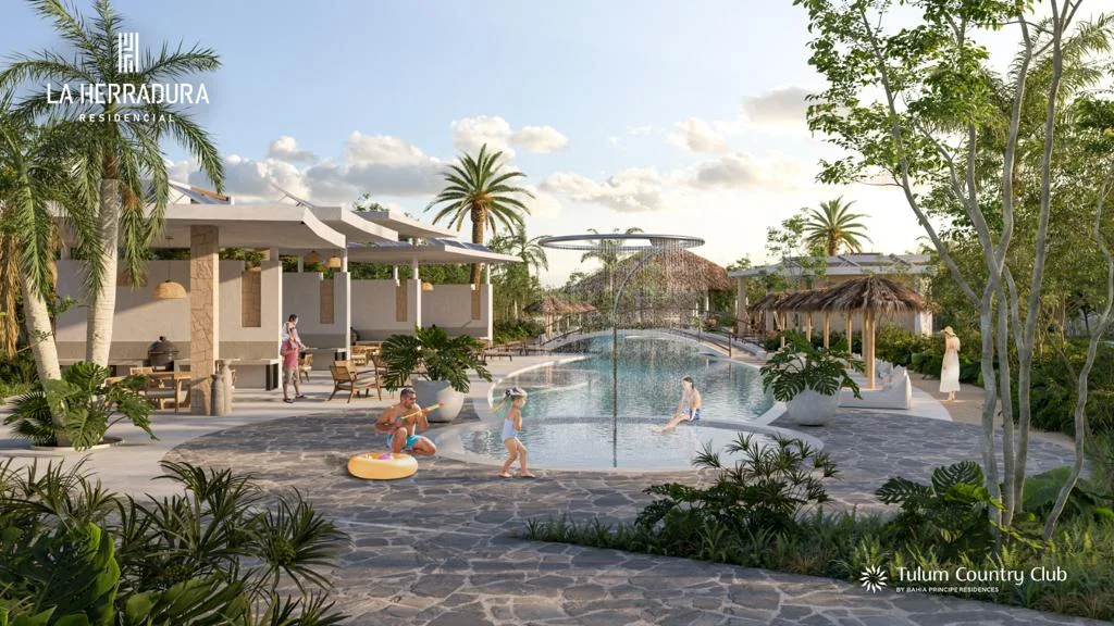 Image de synthèse des piscines de La Herradura au crépuscule, une fontaine de jeux d'eau pour enfants, des palapas et le bar couvert derrière